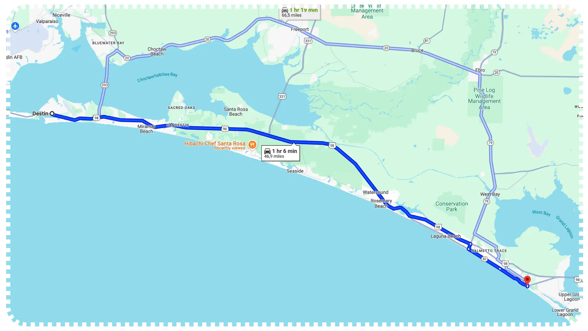 Hibachi 30A service area map, Destin to Panama City Beach, private chef delivery, Hibachi Florida route