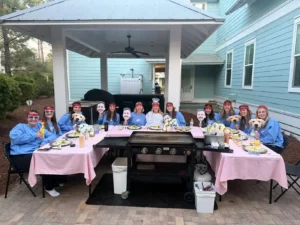 Private hibachi bachelorette dinner party setup by the beach in Grayton Beach, FL