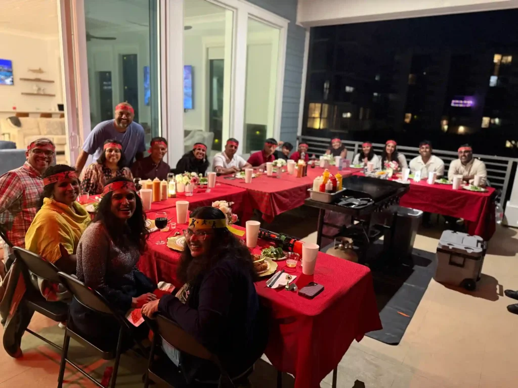 Guests enjoying a festive holiday hibachi dinner with My Hibachi 30A in Santa Rosa Beach, Florida
